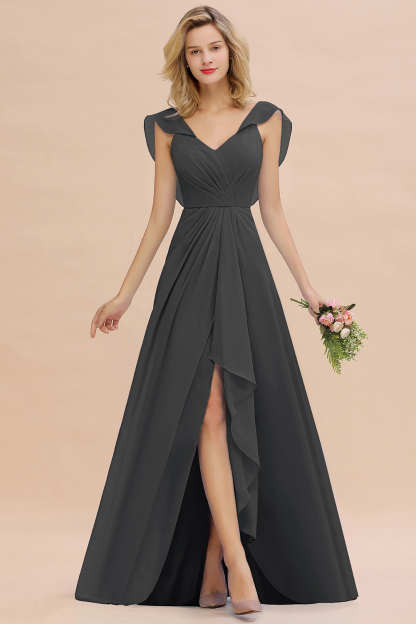 V-Neck A-line Bridesmaid Dress Chiffon Long Wedding Party Dress with Split