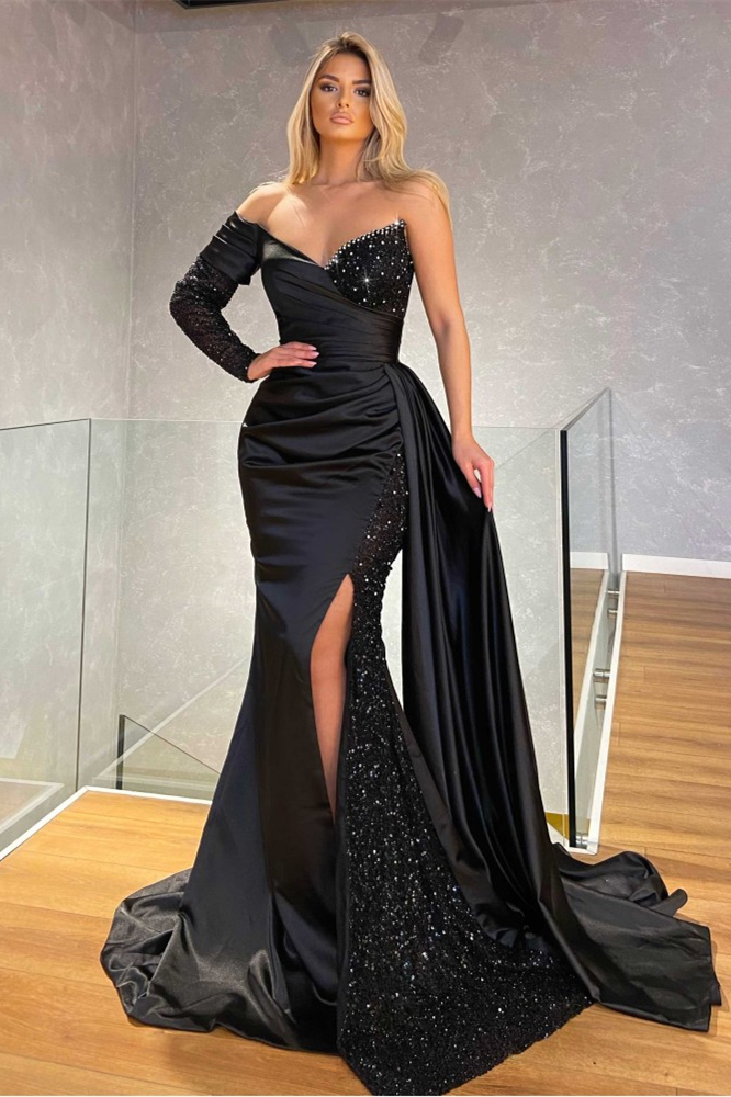 Long Sleeve Black Sweetheart Pleated Mermaid Prom Dress Split With Sequins