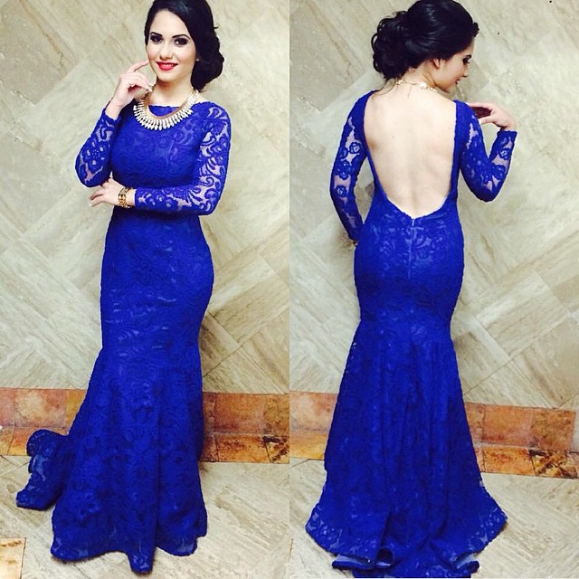 Modern Royal Blue Mermaid Lace Prom Dress UK Open Back