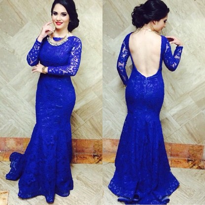 Modern Royal Blue Mermaid Lace Prom Dress UK Open Back