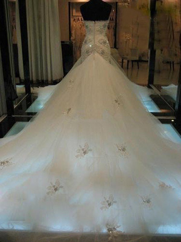 Court Train Sexy Mermaid Beads Sleeveless Tulle Sweetheart Wedding Dresses UK-27Dress.co.uk