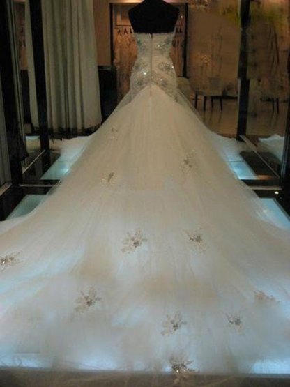 Court Train Sexy Mermaid Beads Sleeveless Tulle Sweetheart Wedding Dresses UK-27Dress.co.uk