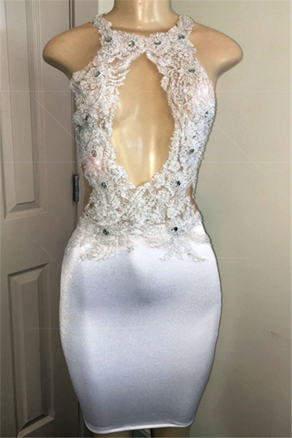 Simple Crystal Halter without Sleeve Applique Open back Short Prom Dress UK UK