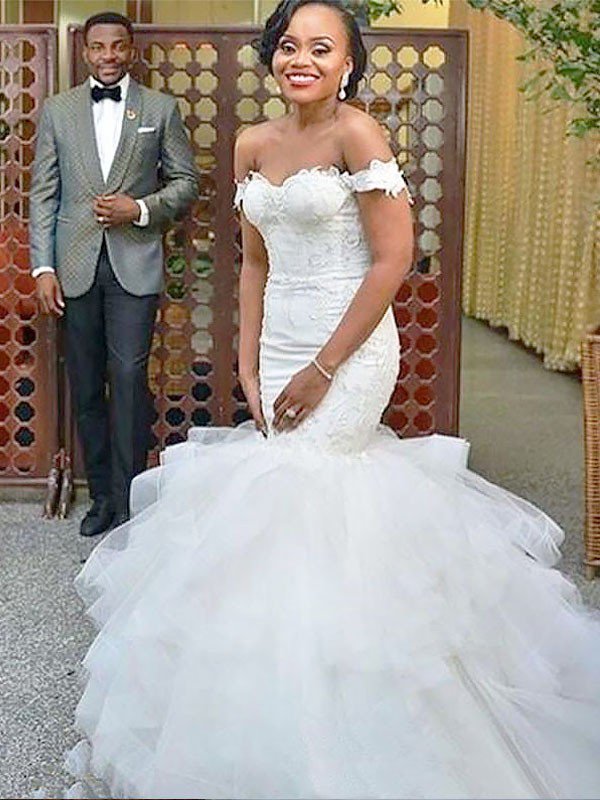 Sleeveless Sweep Train Sexy Mermaid Off-the-Shoulder Organza Wedding Dresses UK
