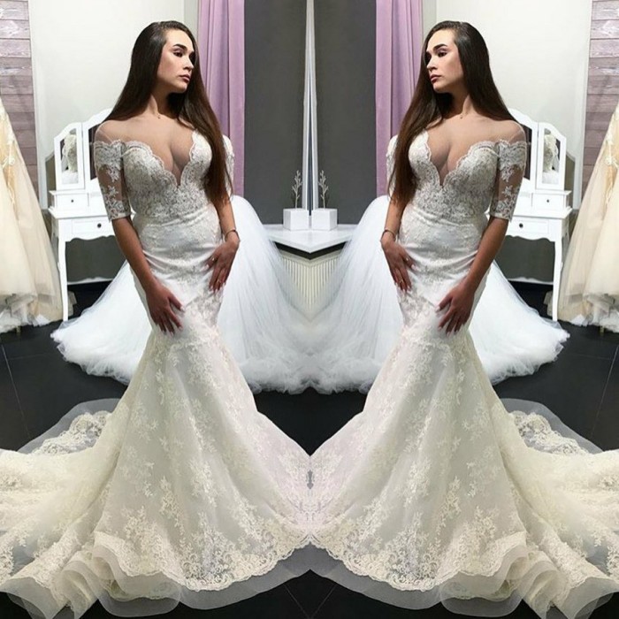 Elegant Short-Sleeve Lace Wedding Dress | Sexy Mermaid Bridal Gowns On Sale-27Dress.co.uk