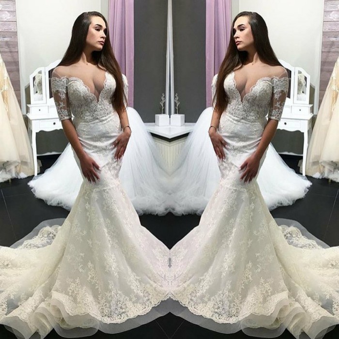 Elegant Short-Sleeve Lace Wedding Dress | Sexy Mermaid Bridal Gowns On Sale-27Dress.co.uk