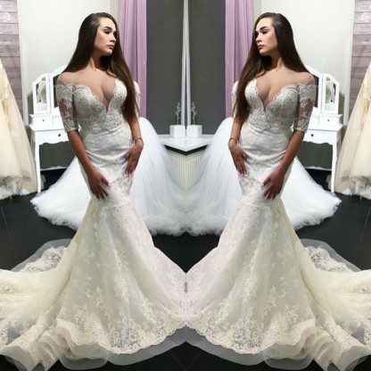 Elegant Short-Sleeve Lace Wedding Dress | Sexy Mermaid Bridal Gowns On Sale-27Dress.co.uk