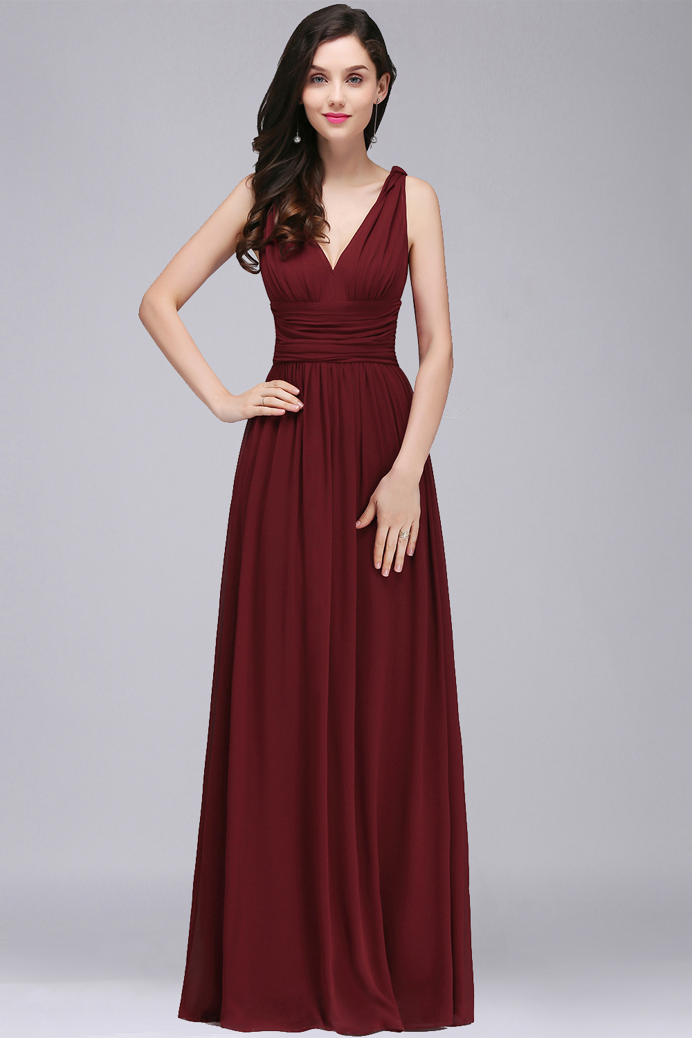 V-Neck Ruched Chiffon A-line Burgundy Evening Dress UKes UK