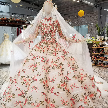 High Neck Chapel Train Applique Long Sleeves Ball Gown Prom Dress UK UK
