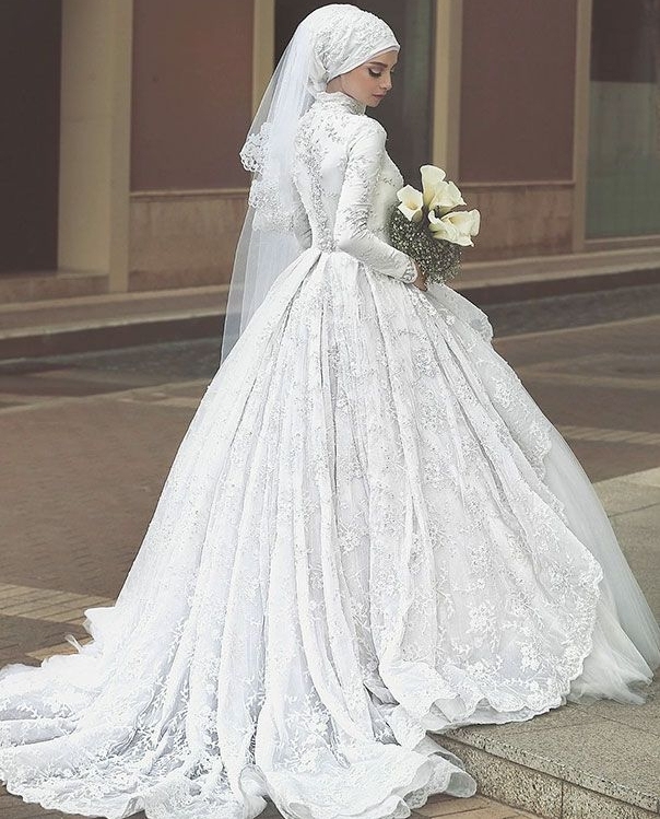 Elegant High Neck Wedding Dresses UK Lace Long Sleeves Muslim Bridal Gowns
