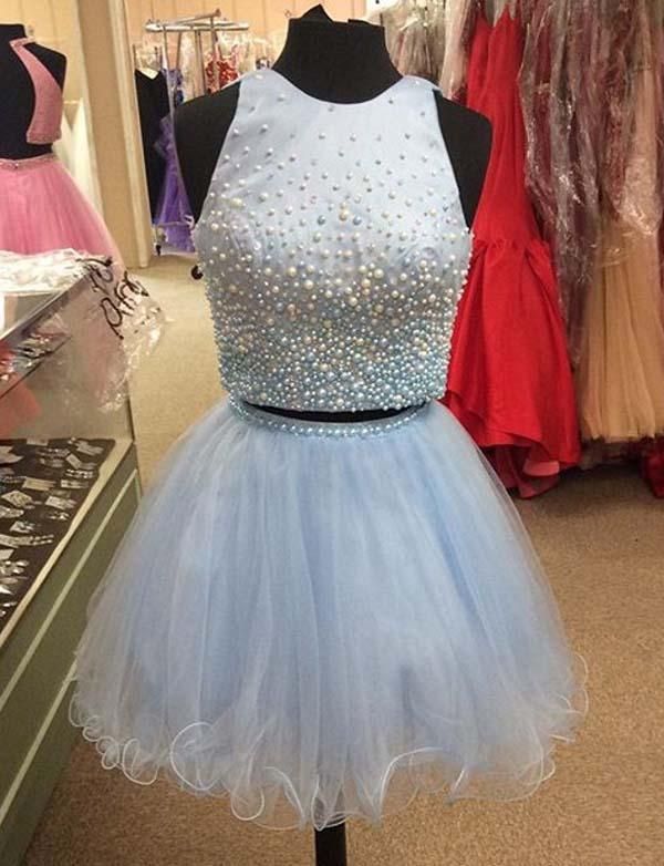 Two Piece A-Line Beading Jewel Tulle Sleeveless Mini Prom Dress UK UK-27Dress.co.uk