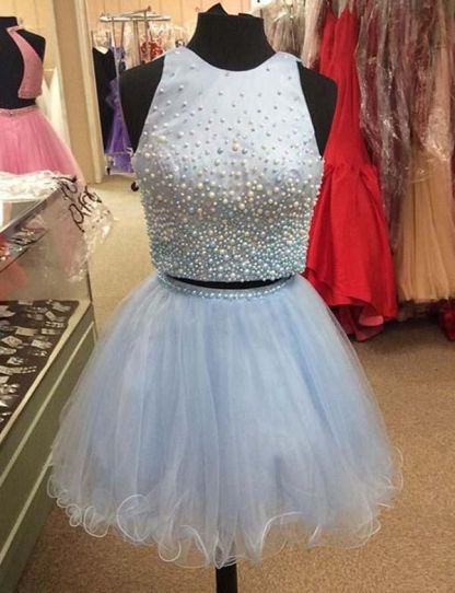 Two Piece A-Line Beading Jewel Tulle Sleeveless Mini Prom Dress UK UK-27Dress.co.uk