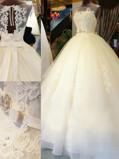 Applique Lace Ball Gown Off-the-Shoulder Sleeveless Ribbon Beads Sweep Train Wedding Dresses UK
