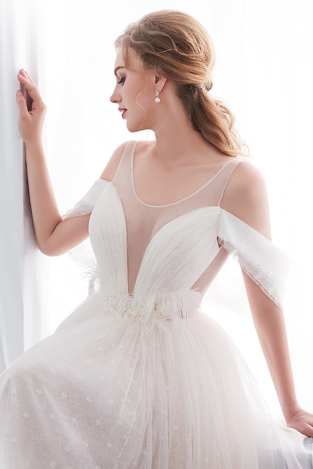 NANCY | A-line Sleeveless Floor Length Lace Ivory Wedding Dresses UK