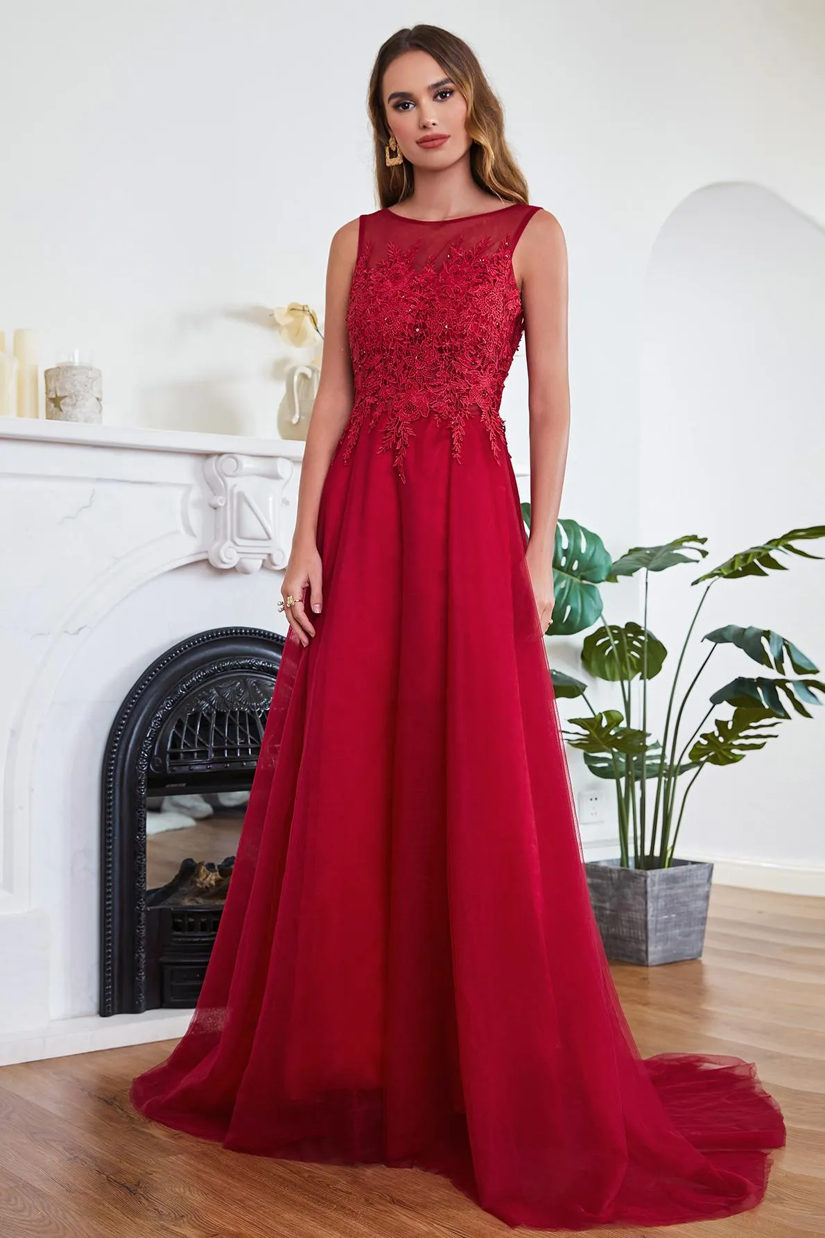 Stylish Scoop Neck Tulle Aline Evening Dress Floral Lace Long Bridesmaid Dresses Sleeveless