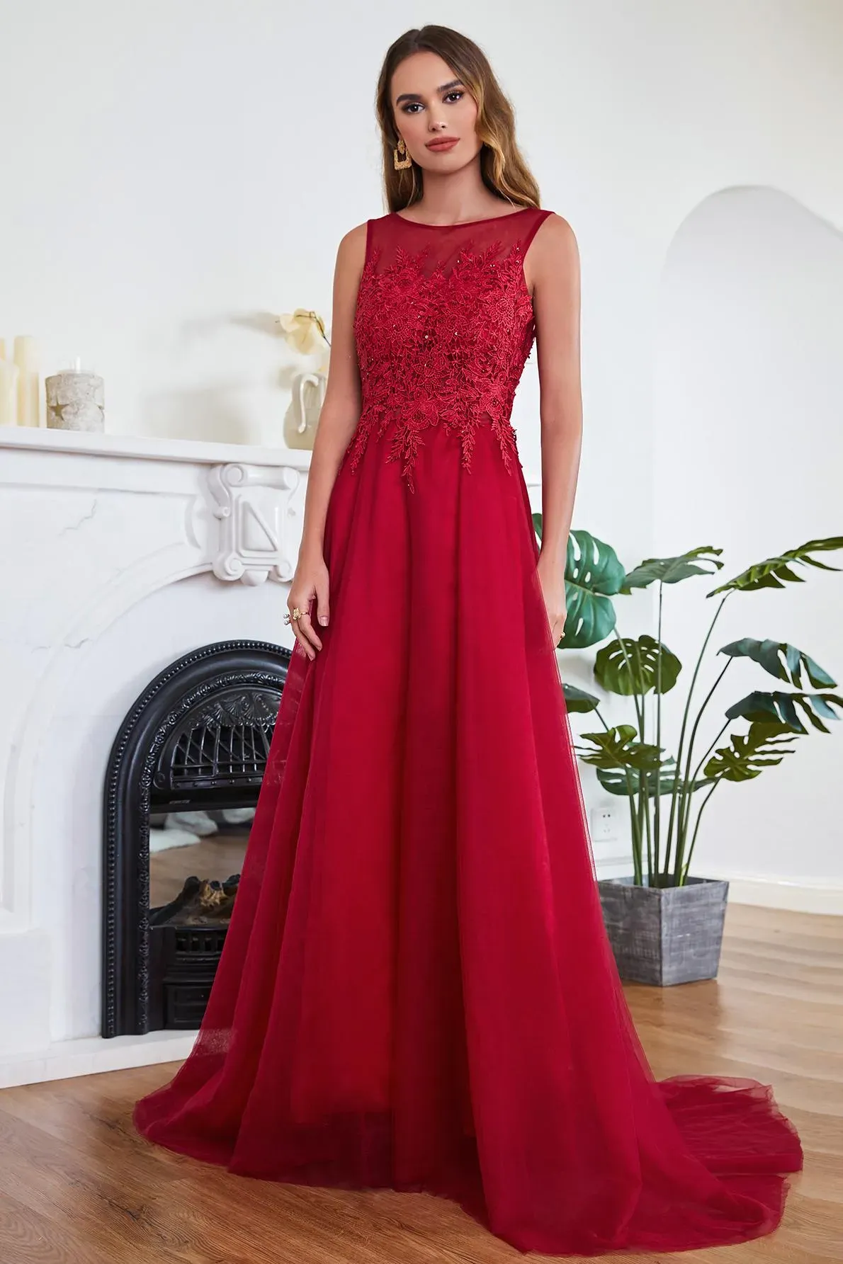 Stylish Scoop Neck Tulle Aline Evening Dress Floral Lace Long Bridesmaid Dresses Sleeveless