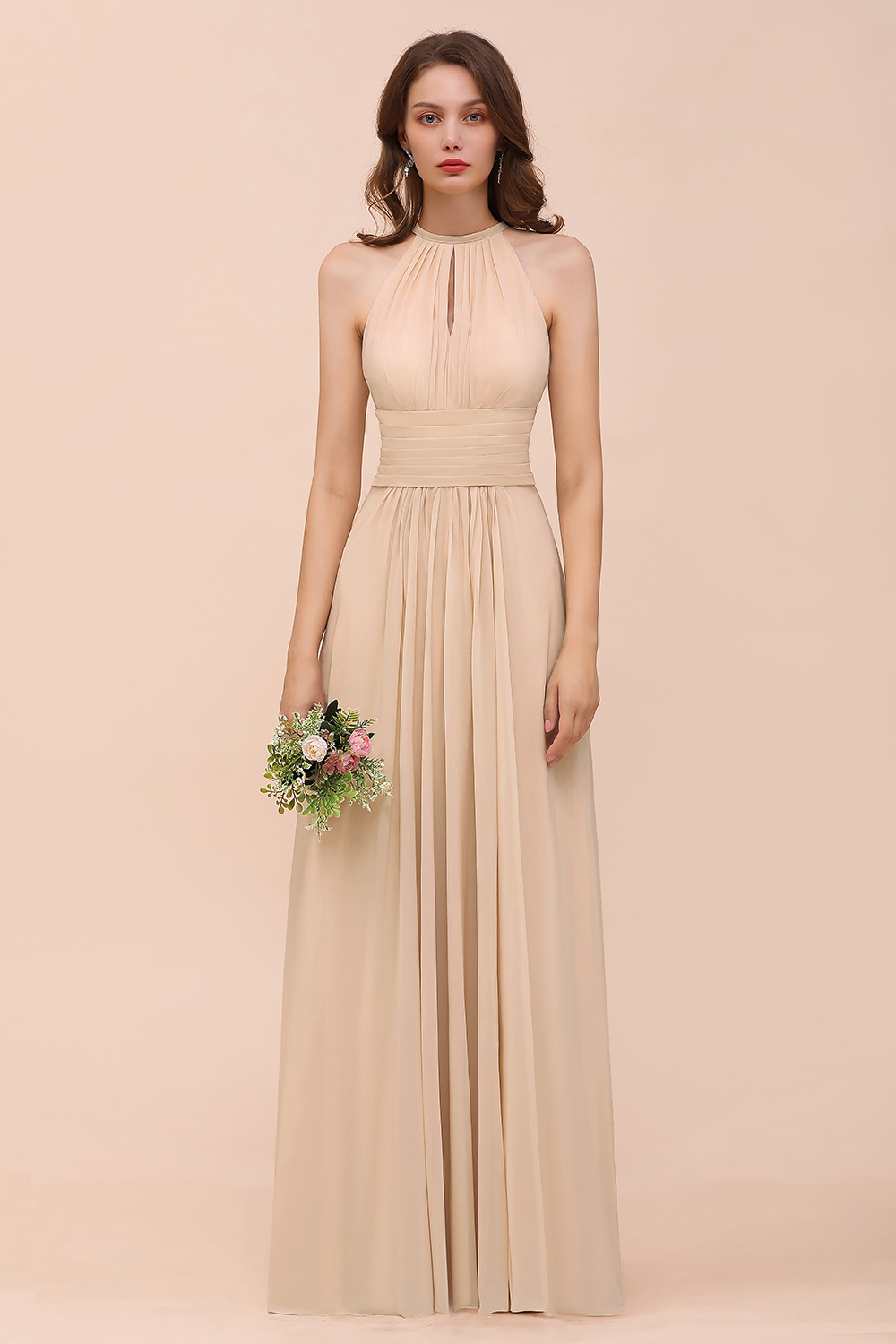 Halter Champagne Ruffle Chiffon Bridesmaid Dress A-line Wedding Guest Dress