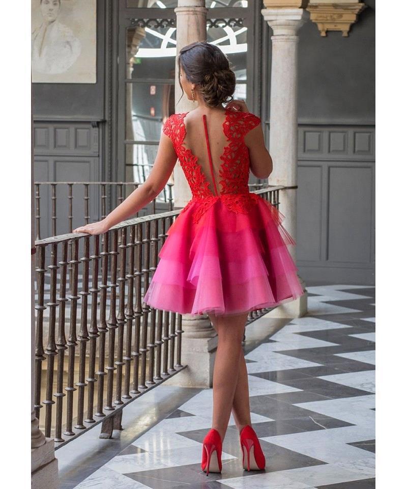 A-line Tulle Lace Jewel Homecoming Dress Cap-Sleeve Short Party Dress UK