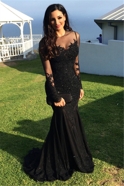 Long-Sleeve Tulle Black Applique Mermaid Elegant Evening Dress UKes UK BA3566-27Dress.co.uk