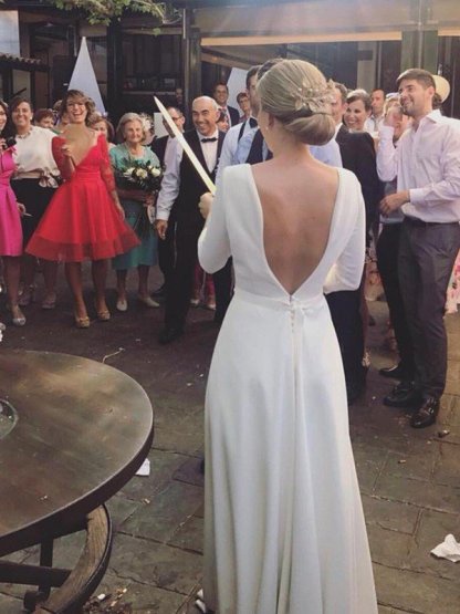 Sweep Train Ruffles A-Line Scoop Neckline Satin 3/4 Sleeves Wedding Dresses UK