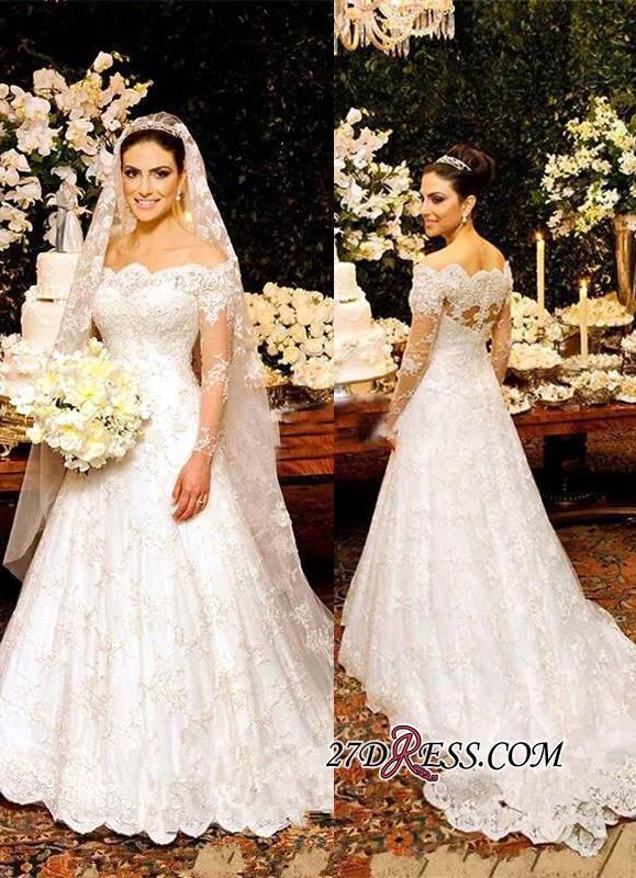Zipper Lace Button Pretty Long-Sleeve Wedding Dress