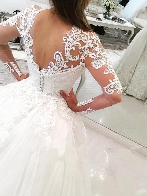 Long Sleeves V-Neck Ball Gown Applique Lace Cathedral Train Tulle Wedding Dresses UK