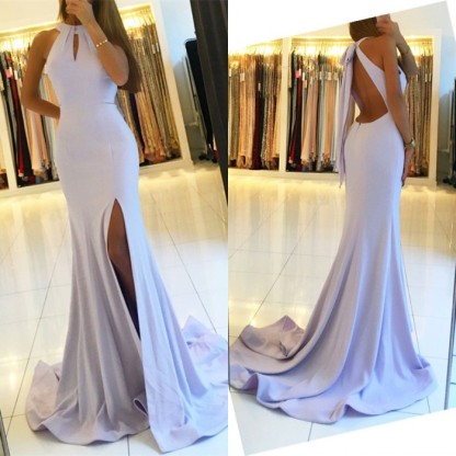 Halter Backless Evening Dress UK | Backless Prom Dress UK With Slit BA7367