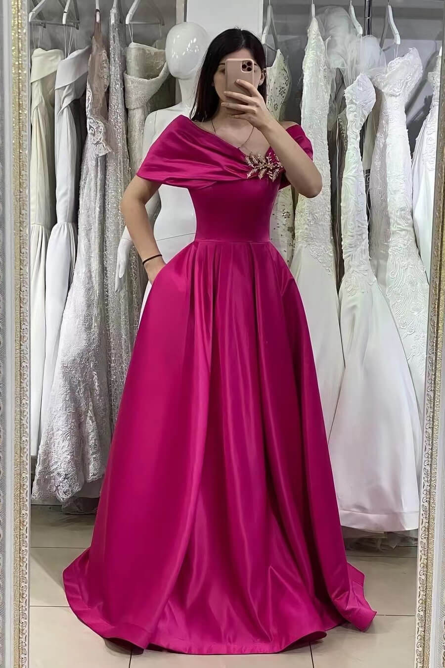 Off-the-Shoulder Rose Satin Evening Dress with Beadings