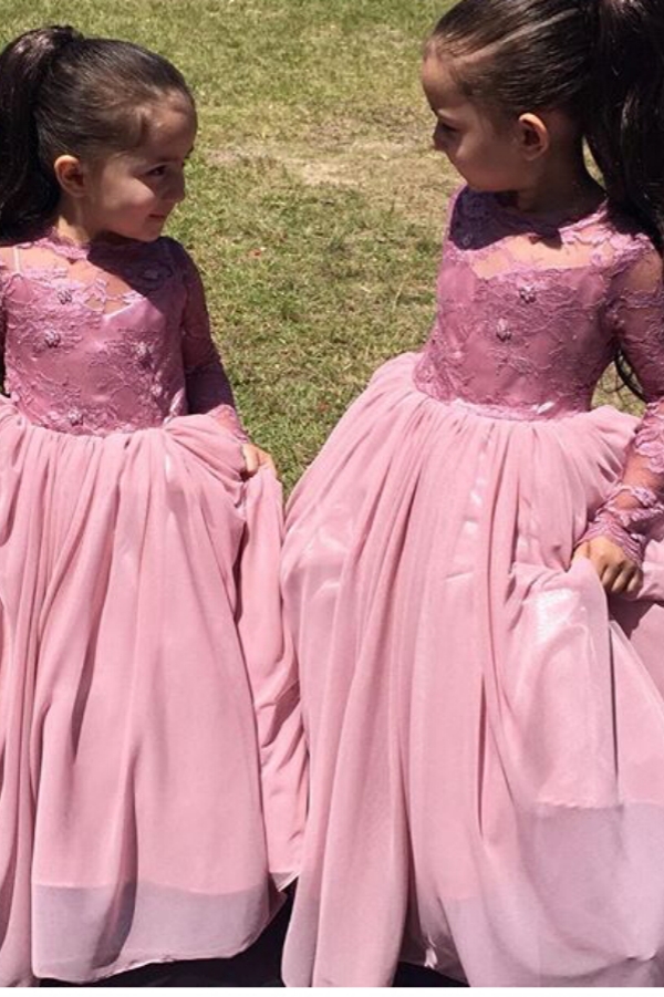 Modern Long Sleeve Appliques Pink Flower Girl Dress Floor-length
