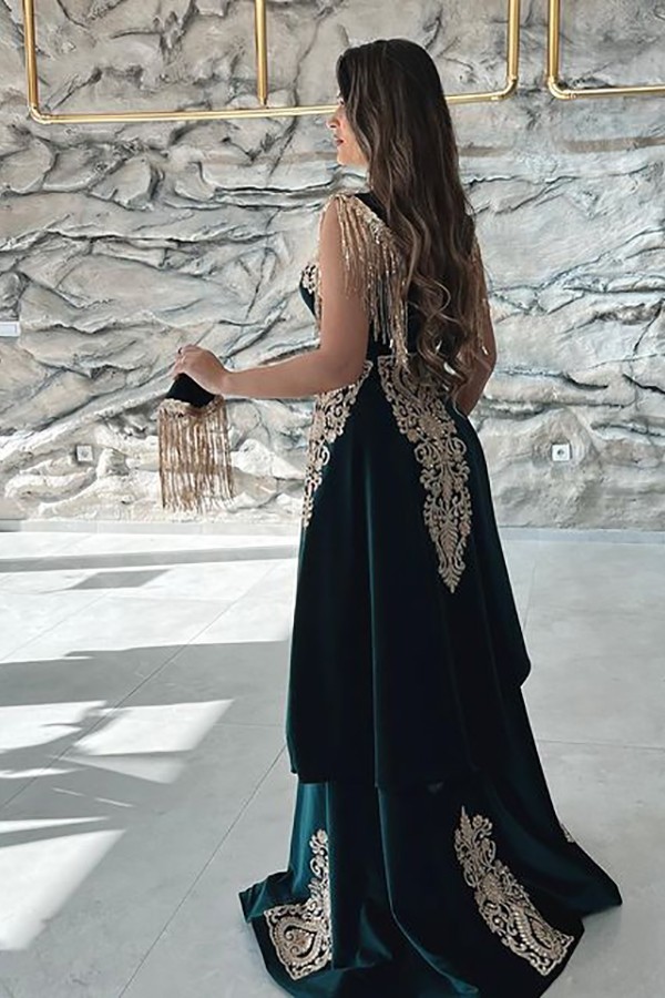 Dark green velvet sleeveless long prom dress with gold lace appliques
