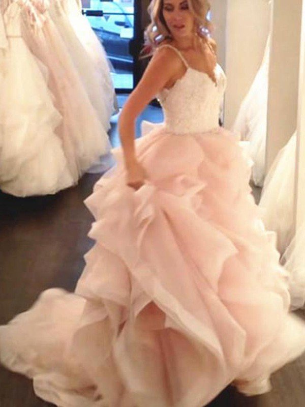 Lace Organza A-Line Sleeveless Sweep Train Sweetheart Ruffles Wedding Dresses UK