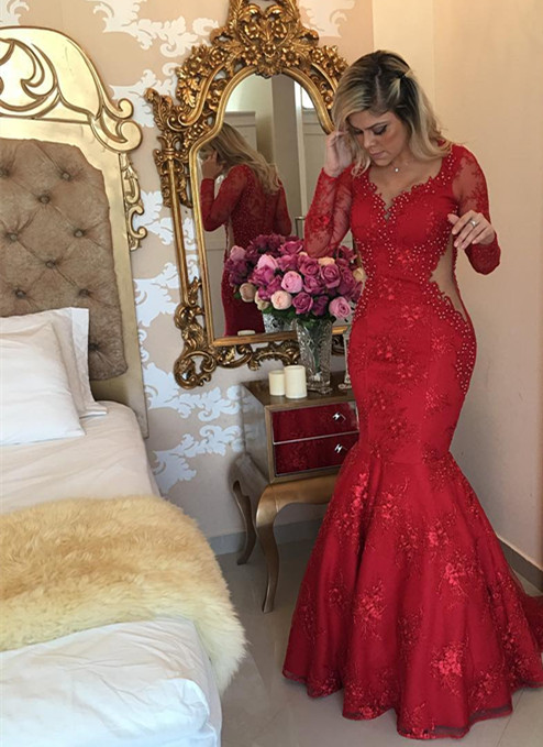 Sexy Long Sleeve Red Evening Dress UK Lace Beads Mermaid Party Dress U   27Dress.co.uk