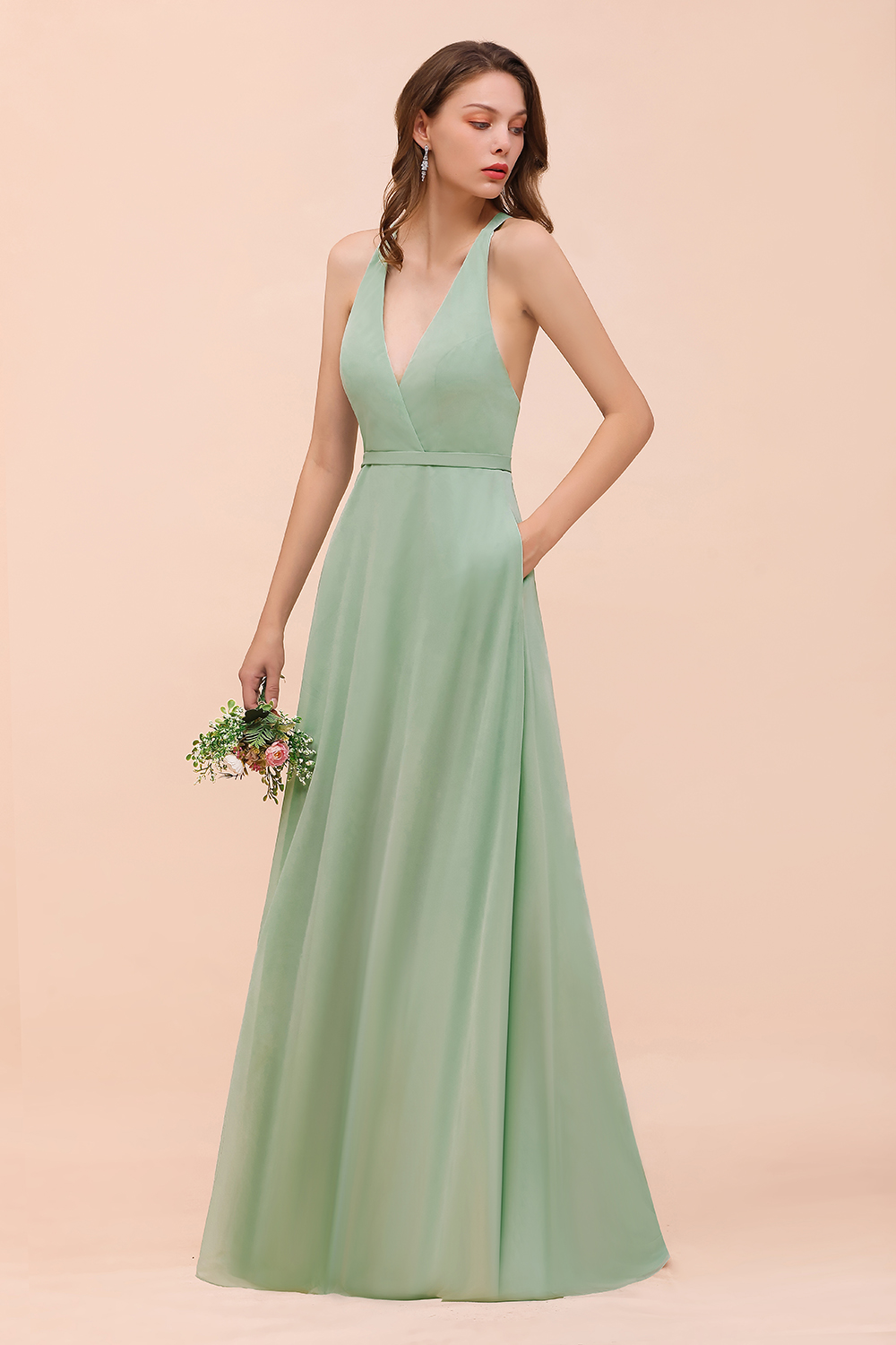 Dusty Sage V-Neck Bridesmaid Dress Glamorous Chiffon Long Wedding Guest Dress with Straps
