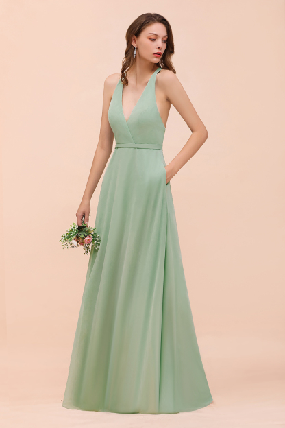 Dusty Sage V-Neck Bridesmaid Dress Glamorous Chiffon Long Wedding Guest Dress with Straps