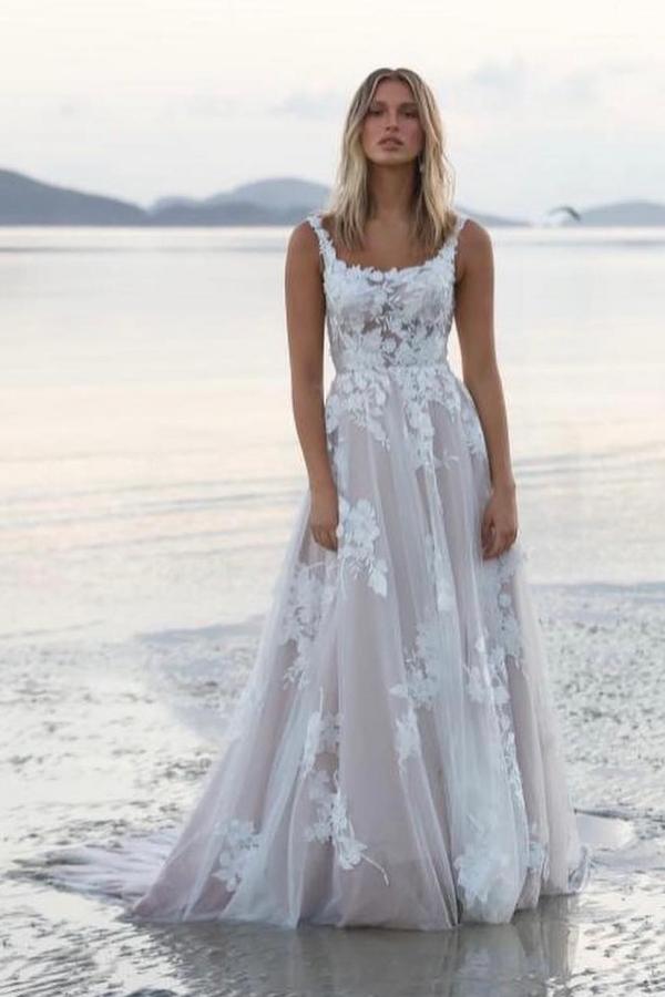 White Tulle Lace Wedding Dresses A-line Simple Bridal Dress with Appli   27Dress.co.uk