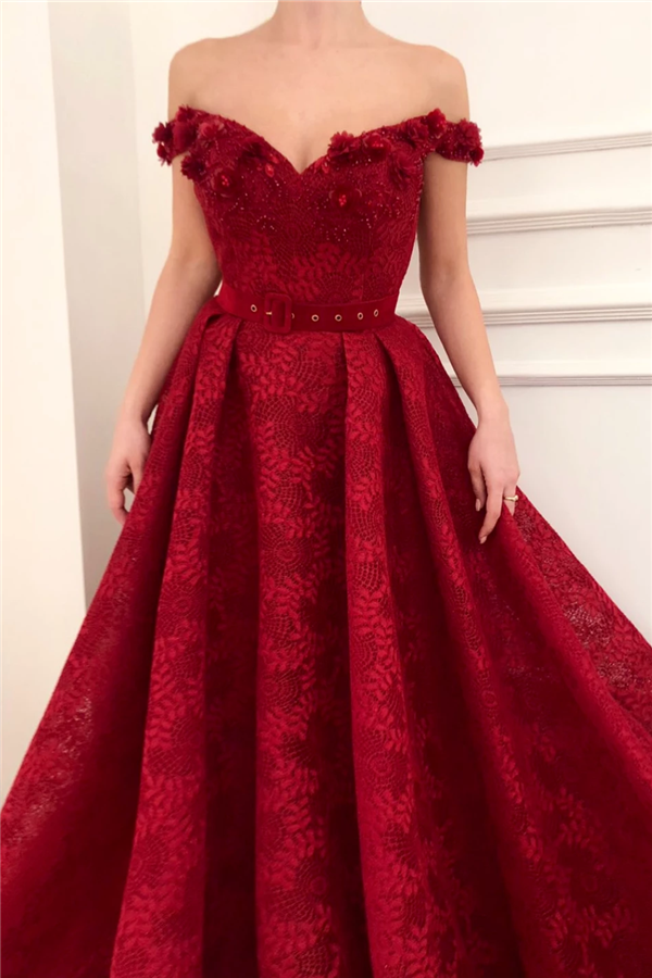 Off The Shoulder Ruby Lace Sexy Evening Dress | Beaded Appliques Flowers Prom Dresses UK
