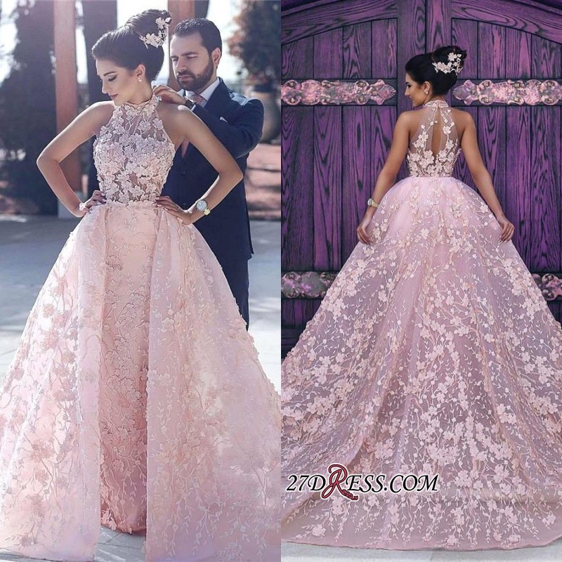 Sleeveless Gorgeous Lace-Appliques Halter Pink Evening Dress UK