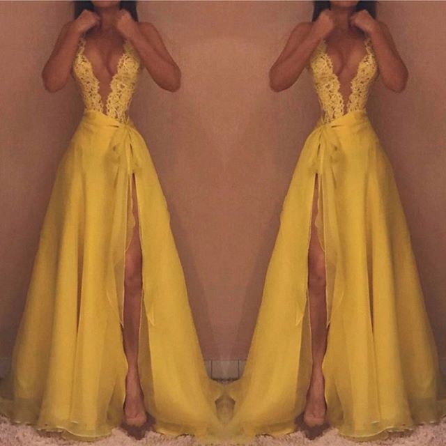 Yellow V-Neck Sleeveless Evening Dress UK | Lace Prom Dress UK With Split