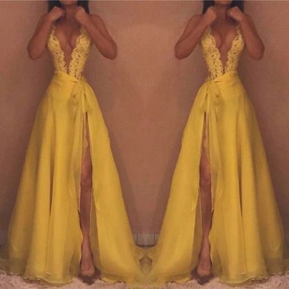 Yellow V-Neck Sleeveless Evening Dress UK | Lace Prom Dress UK With Split