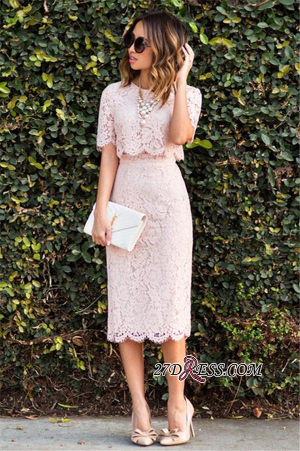 Cute Two-Piece Short-Sleeve Fashion Pink Lace Short Homecoming Dress UKes UK BA6003