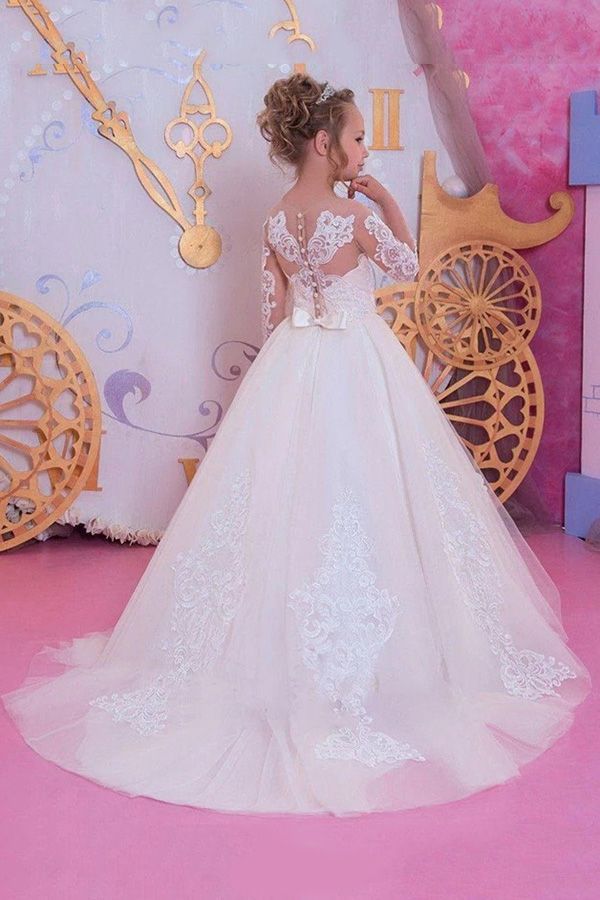 Elegant Long Sleeves Little Girl Dress Tulle Lace Appliques Flower Girl Dress