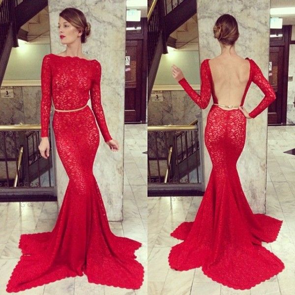 Backless Lace Mermaid Prom Dress UKes UK Bateau High Neck Long Sleeve Sheer Sexy Party Gowns with Court Train-27Dress.co.uk