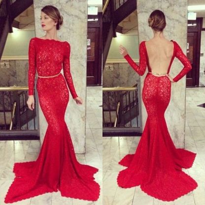 Backless Lace Mermaid Prom Dress UKes UK Bateau High Neck Long Sleeve Sheer Sexy Party Gowns with Court Train-27Dress.co.uk