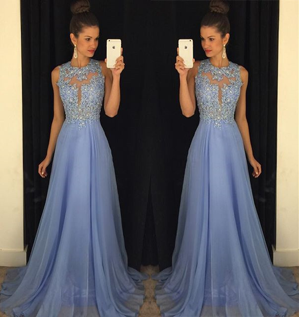 Beautiful Lace Appliques Sleeveless Prom Dress UK Long Chiffon Party Gowns AP0