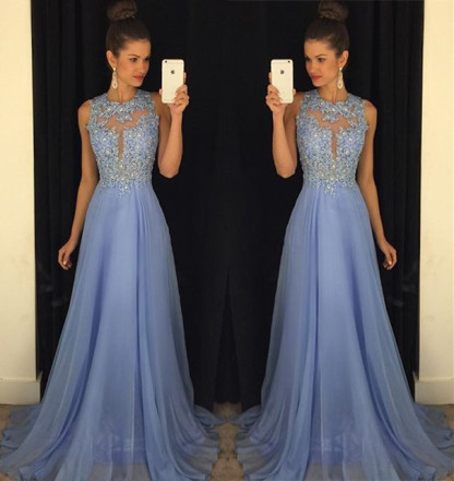 Beautiful Lace Appliques Sleeveless Prom Dress UK Long Chiffon Party Gowns AP0