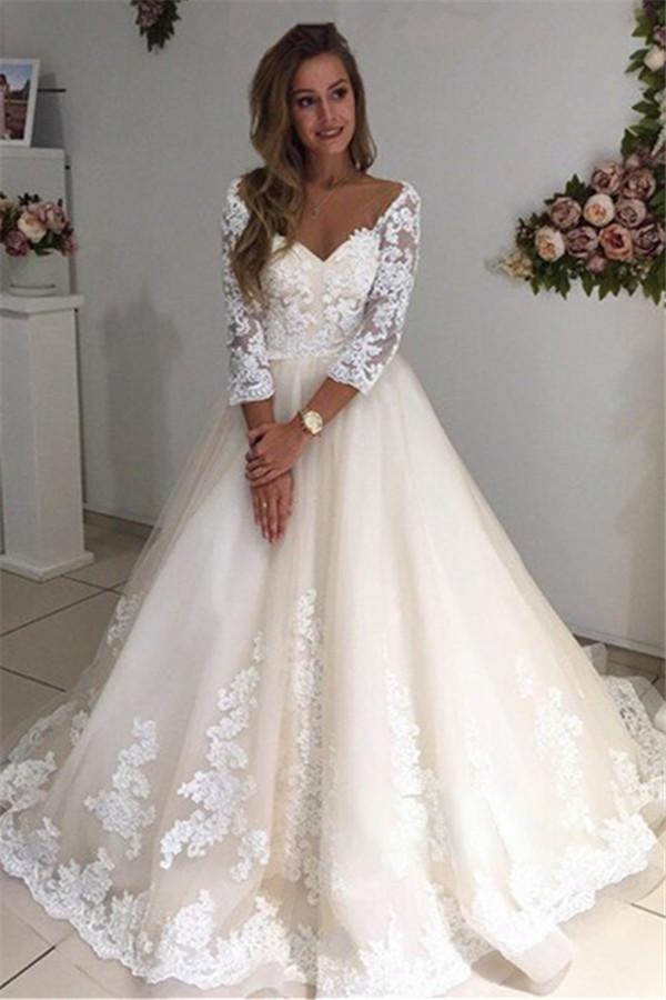 Backless Appliques Lace Long A-Line Sleeves Ivory Tulle Wedding Dresses UK
