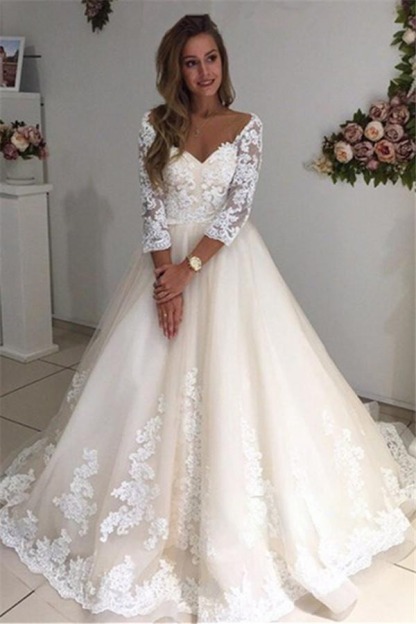 Backless Appliques Lace Long A-Line Sleeves Ivory Tulle Wedding Dresses UK