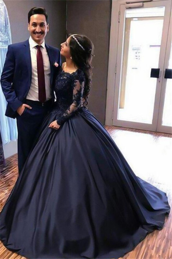 Lace Lace Appliques Bateau Long Sleeves Prom Dress UK Ball Gown Evening Dress UK with Beads-27Dress.co.uk