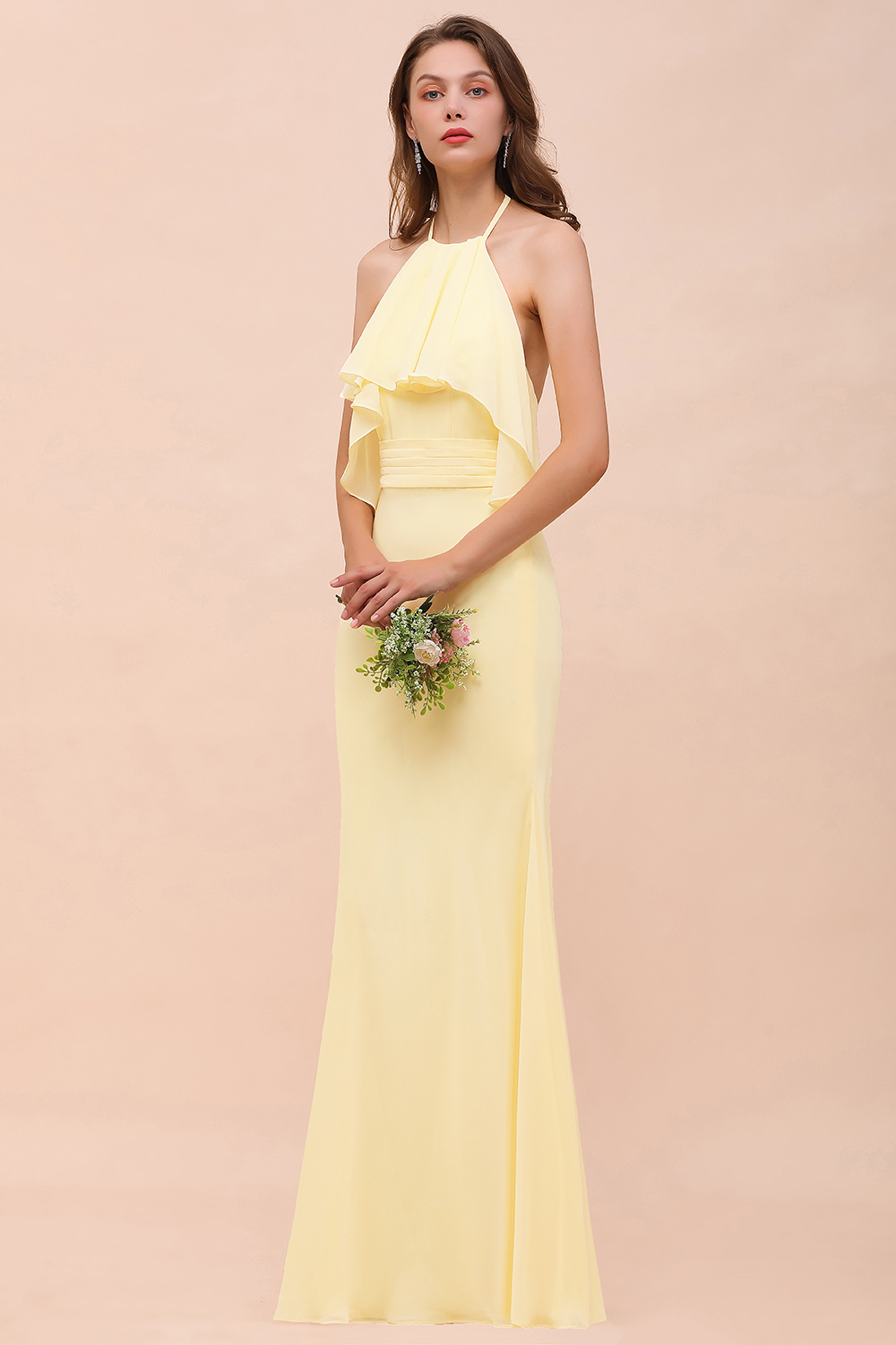 Halter Mermaid Ruffle Bridesmaid Dress Backless Daffodi Long Wedding Guest Dress