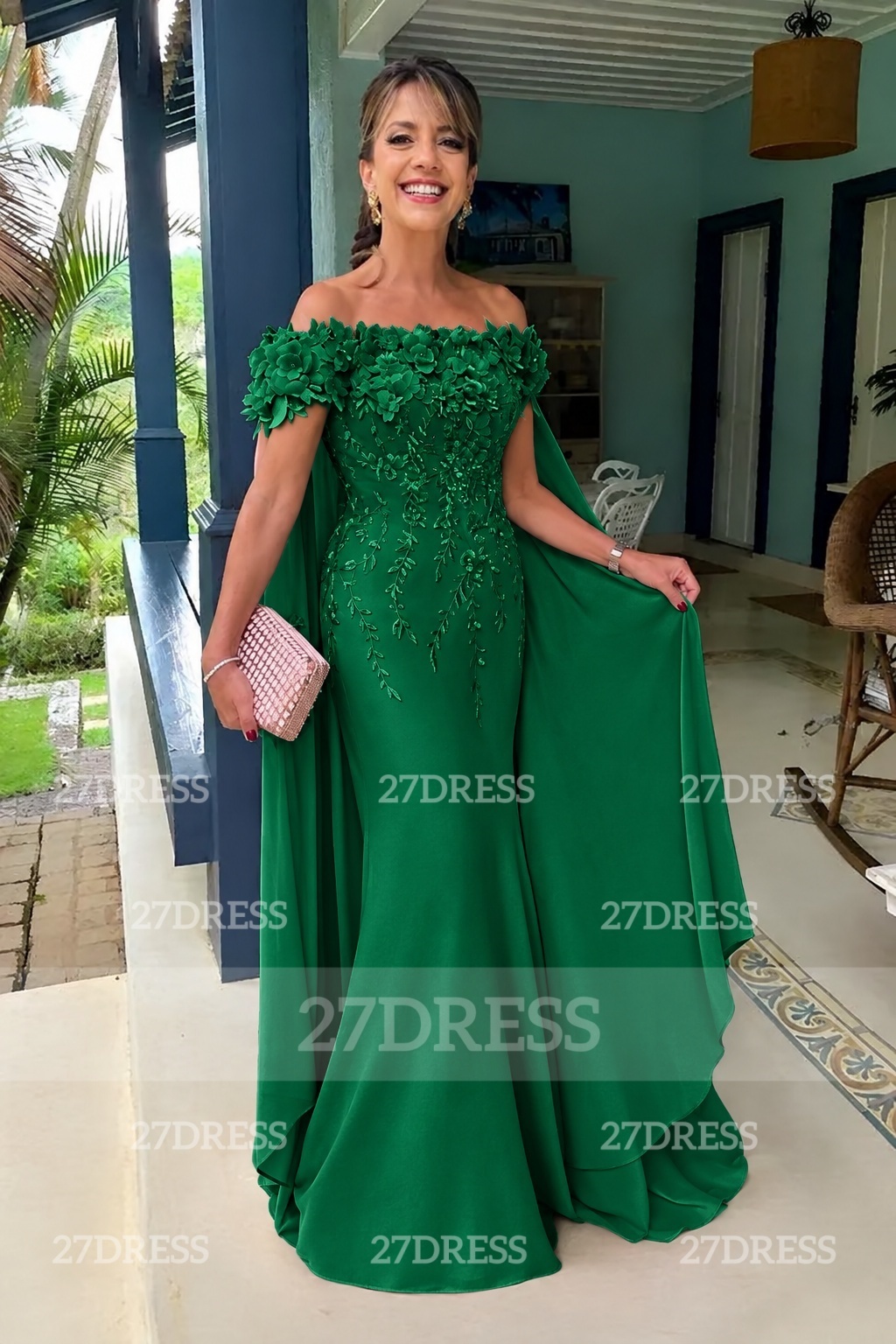 Off-the-Shoulder Pink Flowers Chiffon Mother of the Bride Dress Floor Length Wedding Guest Dress
